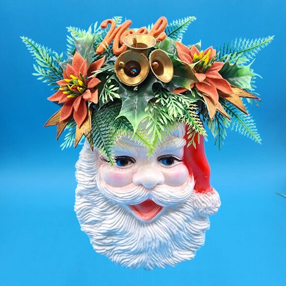 Vintage 1970s Santa Claus Wall Decor Bells & Flocked Poinsettias Noel Hong Kong - Picture 2 of 10